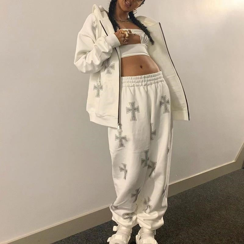 EMMA | Schickes Strass-Reißverschluss-Hoodie-Set
