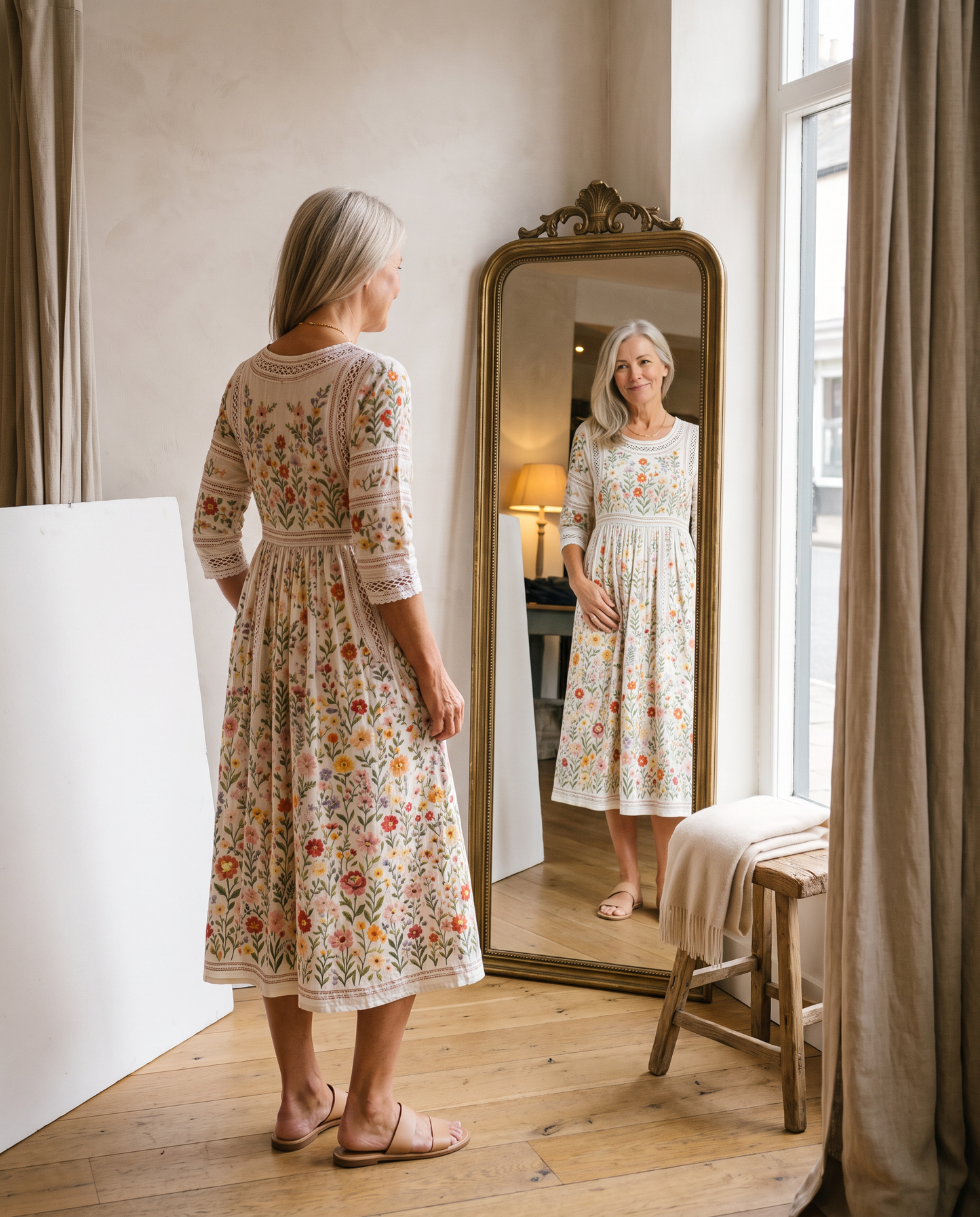 JETTE | Blumen-Midikleid mit Rundhalsausschnitt