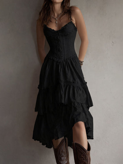 JELLA | Boho-Midikleid mit Korsage, Stufenrock und Spitzenbesatz
