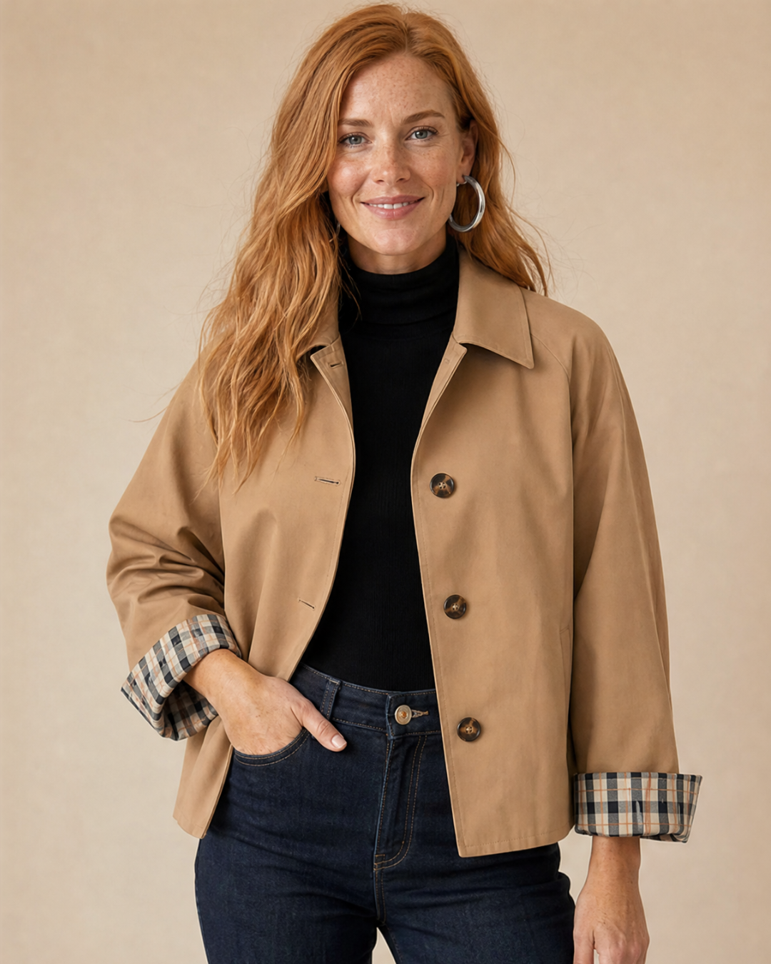 ARIANA | Jacke mit Knopfverschluss und Karierten Manschetten