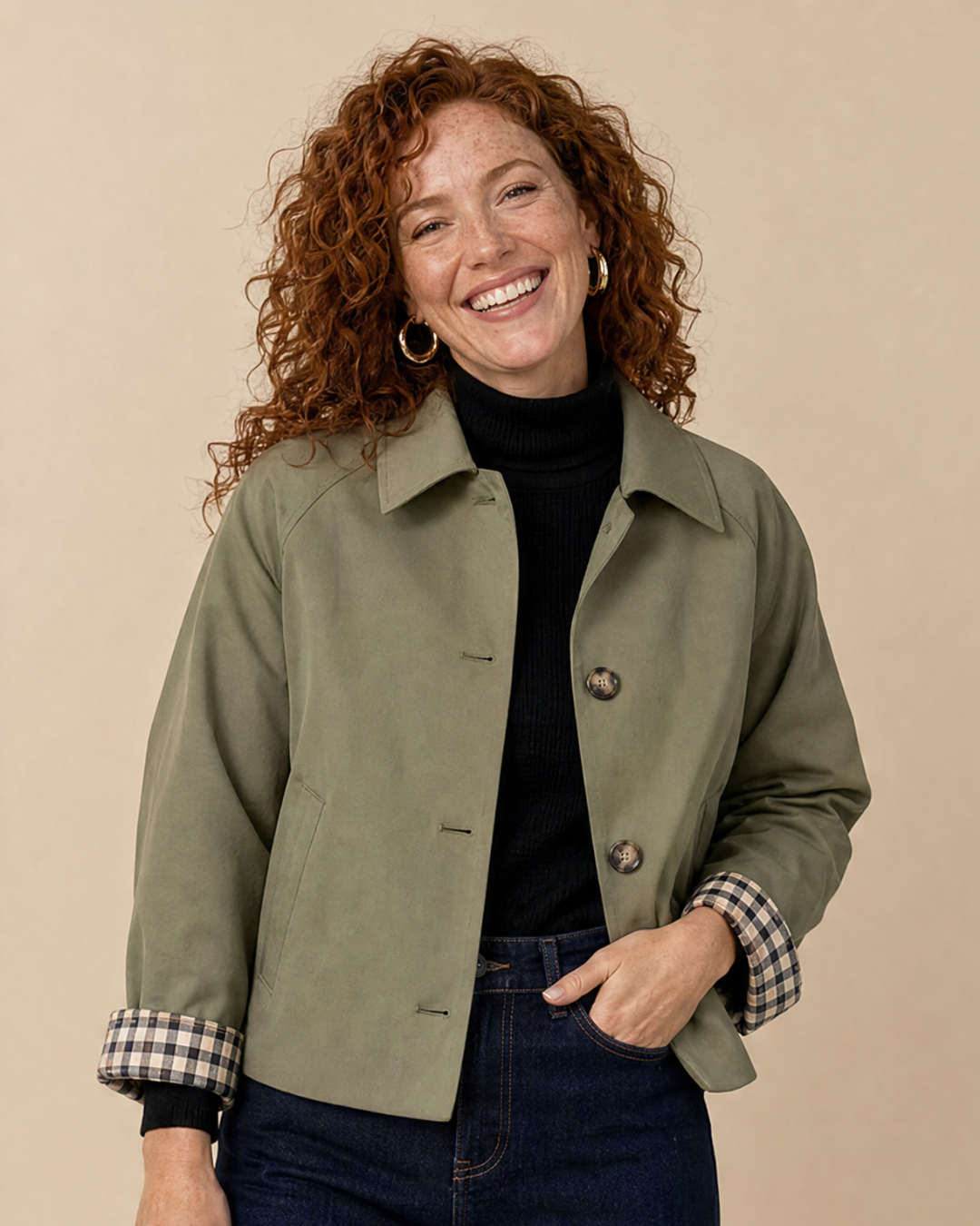 ARIANA | Jacke mit Knopfverschluss und Karierten Manschetten