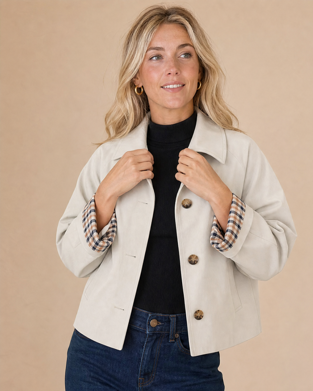 ARIANA | Jacke mit Knopfverschluss und Karierten Manschetten