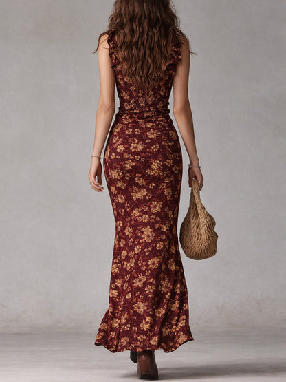 MAILIN | Boho-Maxikleid im Retro-Look mit Rüschenärmeln und hohem Schlitz