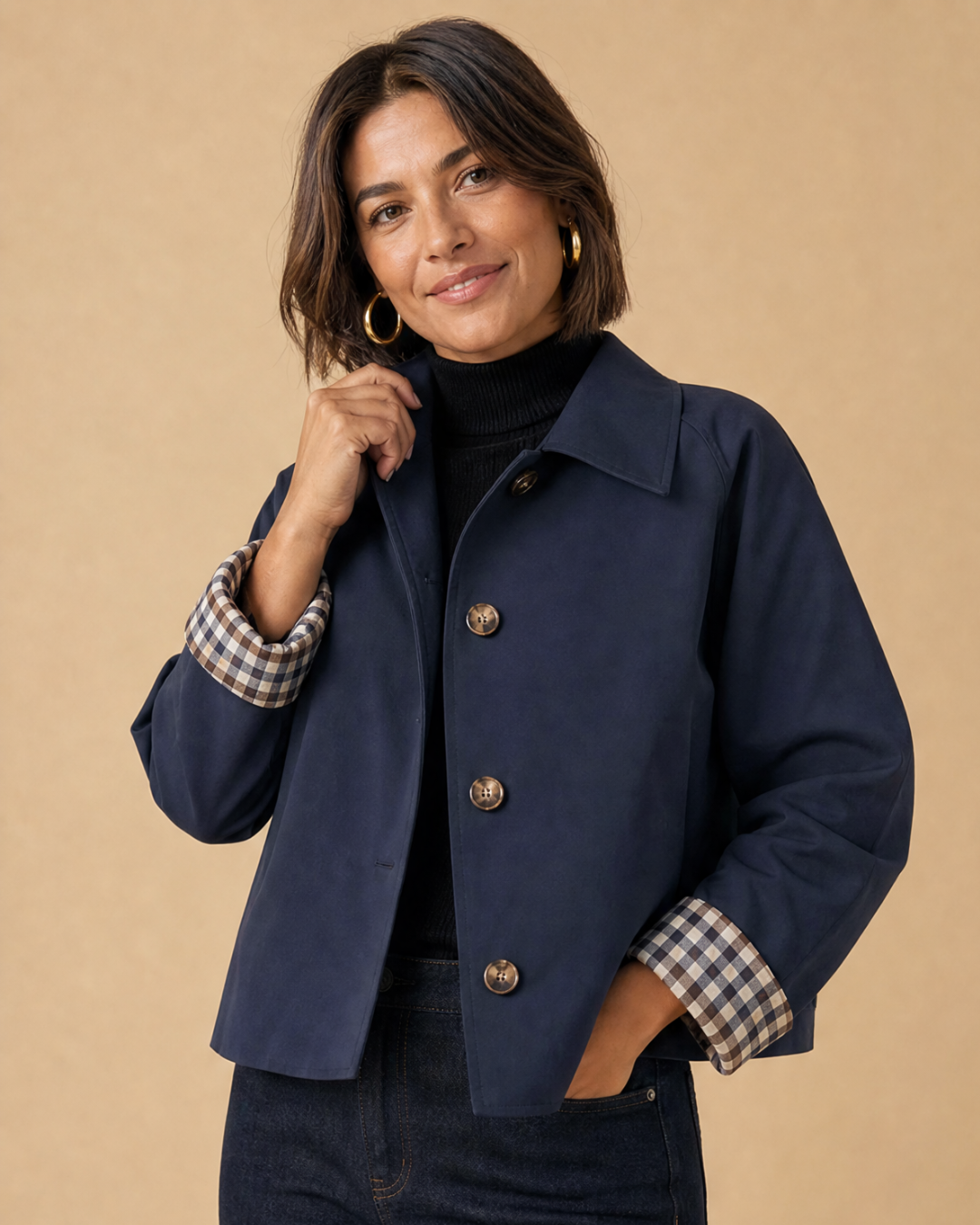 ARIANA | Jacke mit Knopfverschluss und Karierten Manschetten