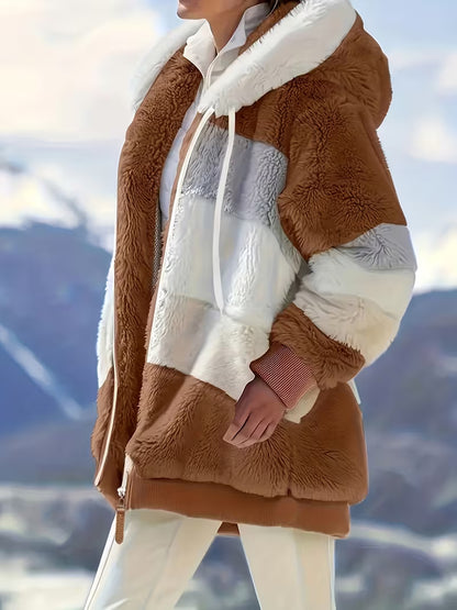 MELANIE | Kuschelige Colorblock Teddyjacke mit Kapuze