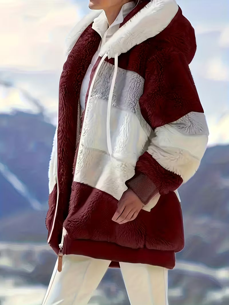 MELANIE | Kuschelige Colorblock Teddyjacke mit Kapuze