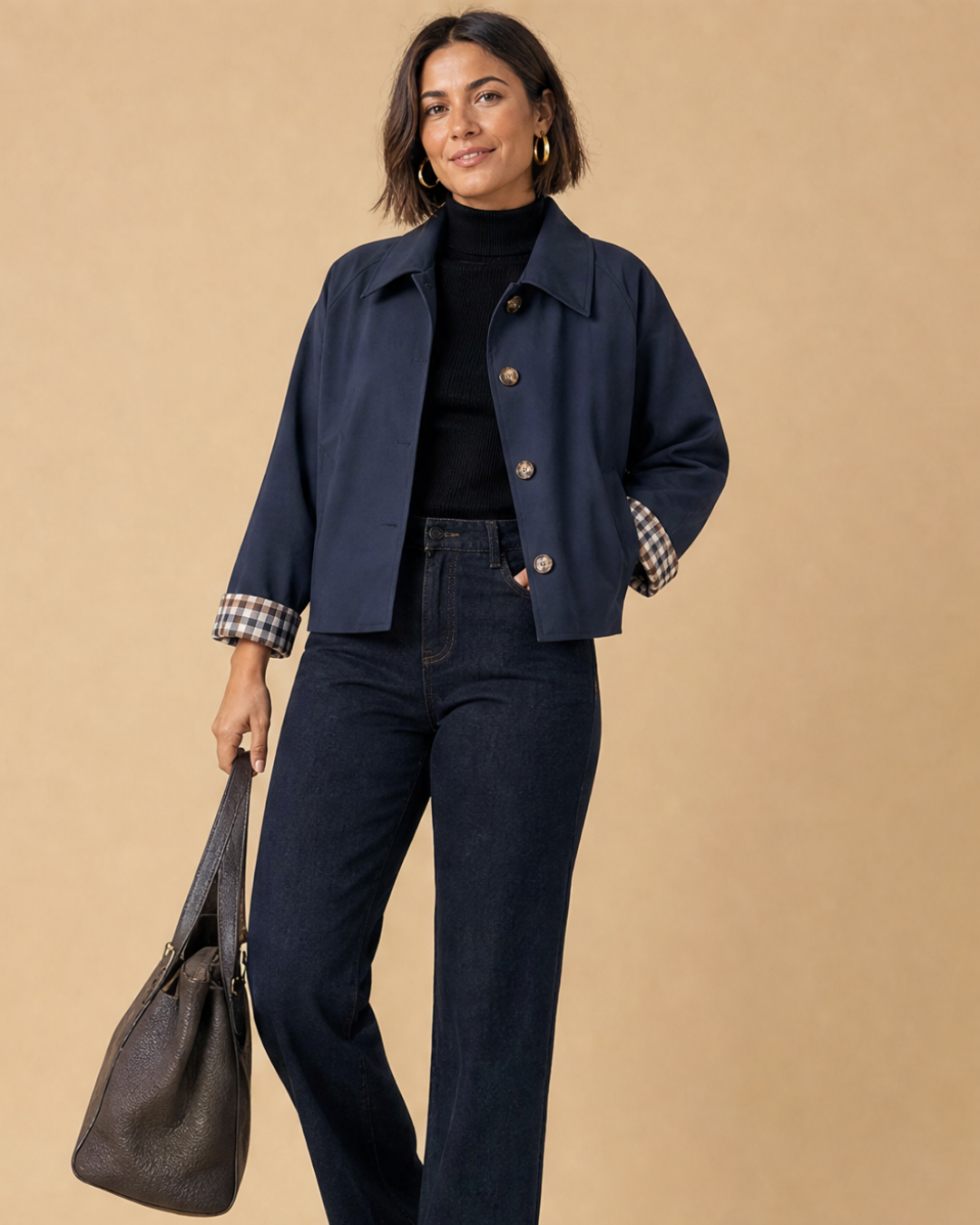 ARIANA | Jacke mit Knopfverschluss und Karierten Manschetten