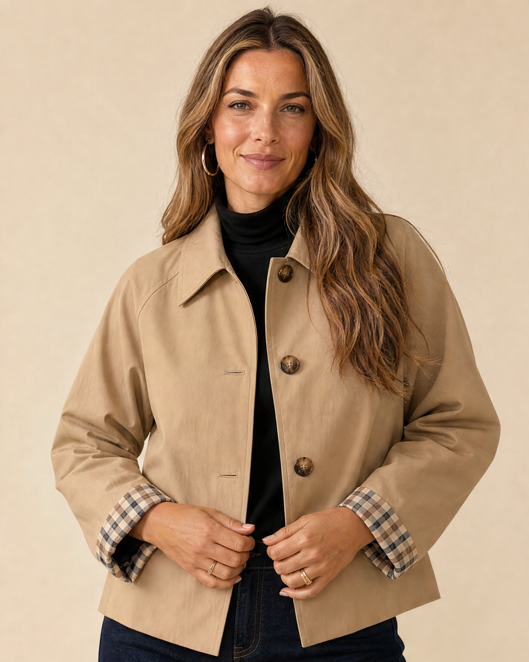 ARIANA | Jacke mit Knopfverschluss und Karierten Manschetten