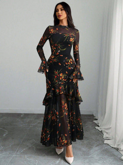 VIDA | Maxikleid aus Mesh mit Blumenprint