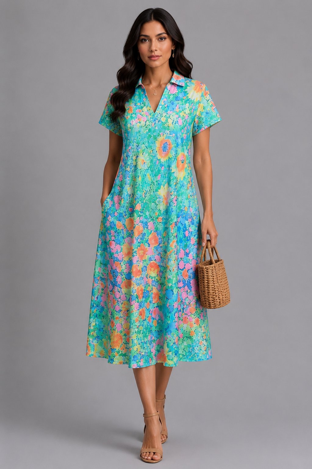 KRESZENTIA | Midikleid mit Blumenmuster und Kragen