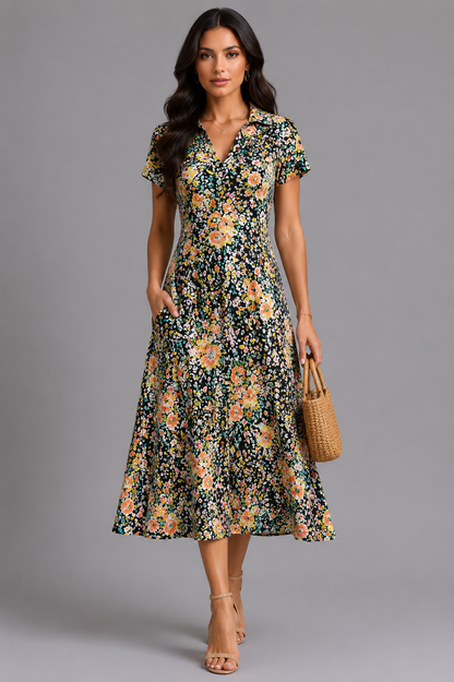 KRESZENTIA | Midikleid mit Blumenmuster und Kragen