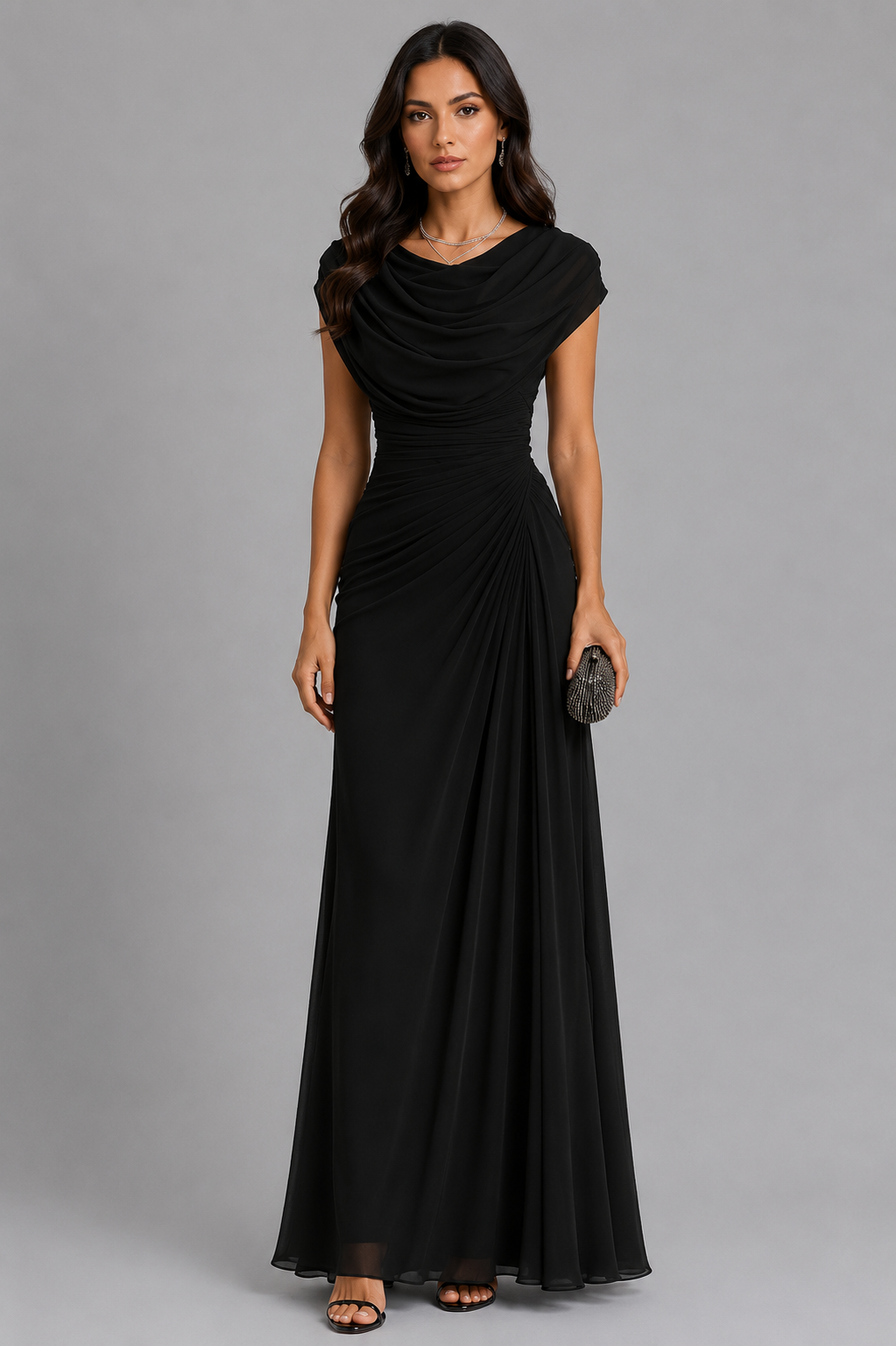LENIYA | Maxikleid mit drapiertem Wasserfallausschnitt