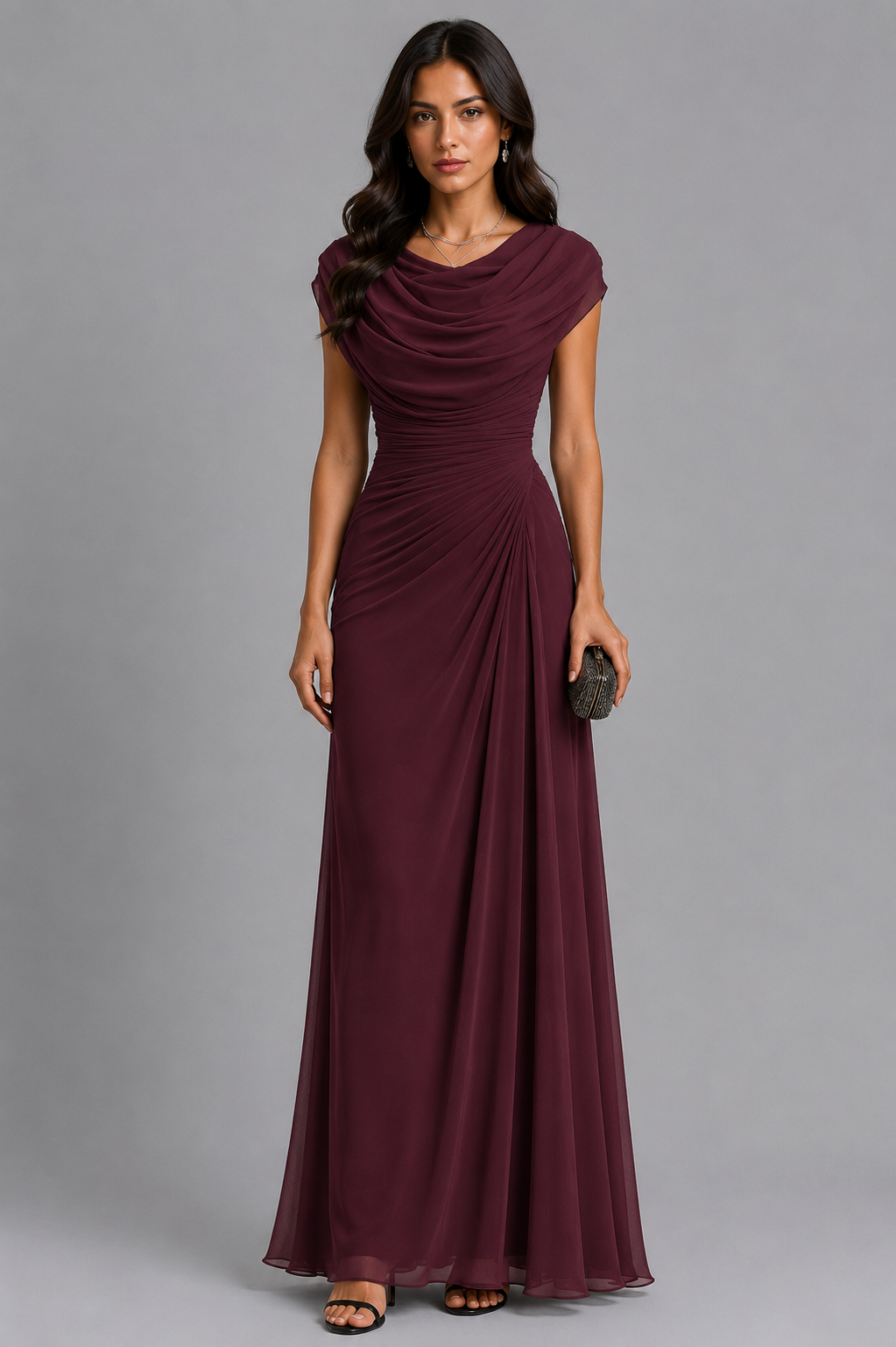 LENIYA | Maxikleid mit drapiertem Wasserfallausschnitt