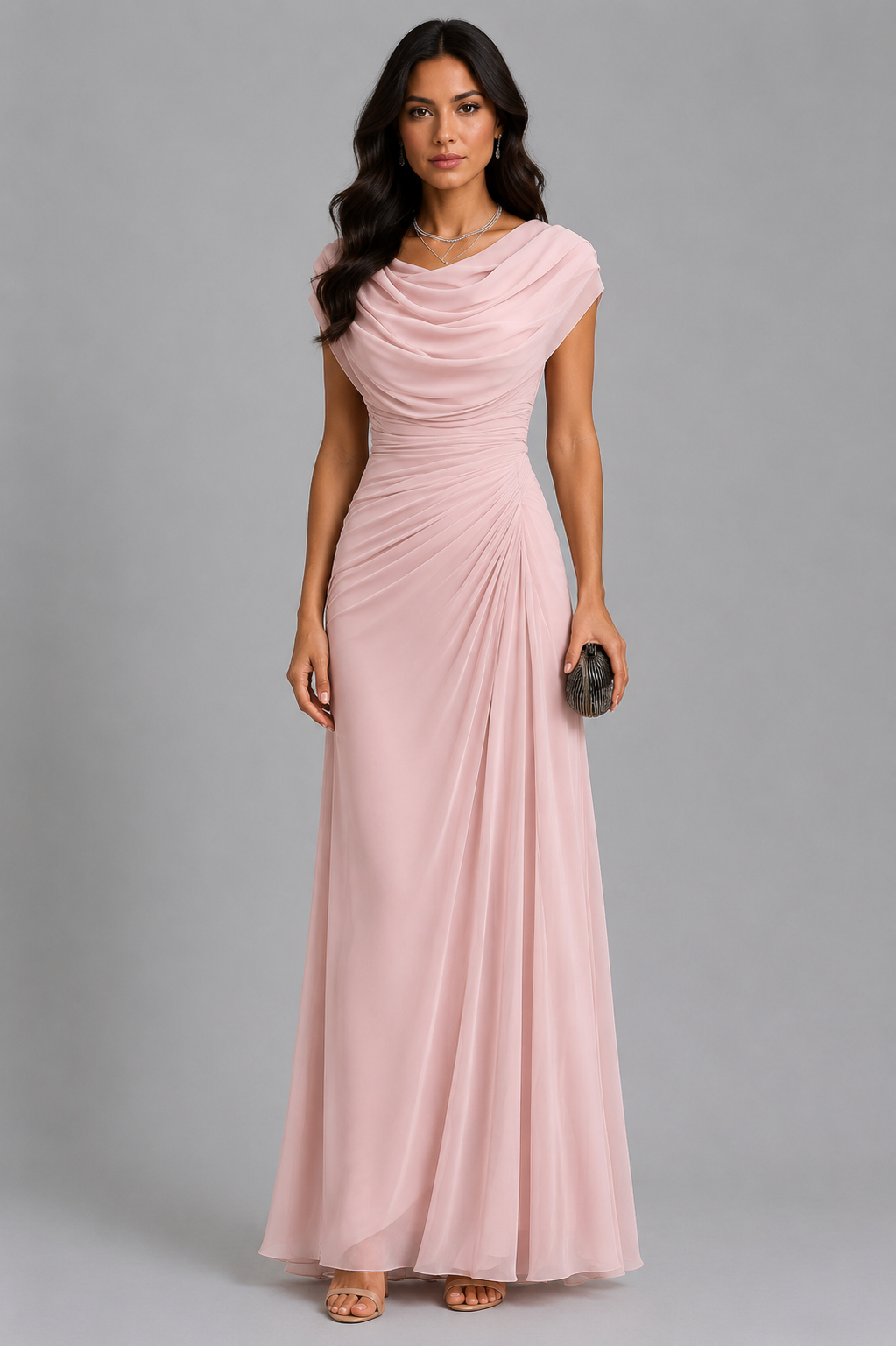 LENIYA | Maxikleid mit drapiertem Wasserfallausschnitt