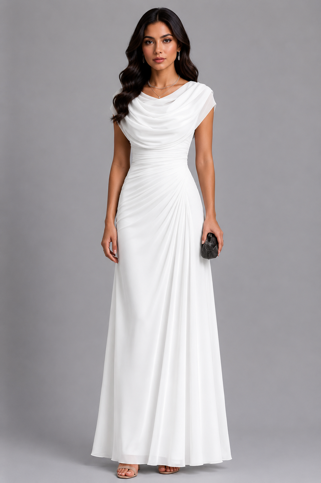 LENIYA | Maxikleid mit drapiertem Wasserfallausschnitt