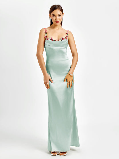 SARAH | Verziertes Satin Maxi Kleid