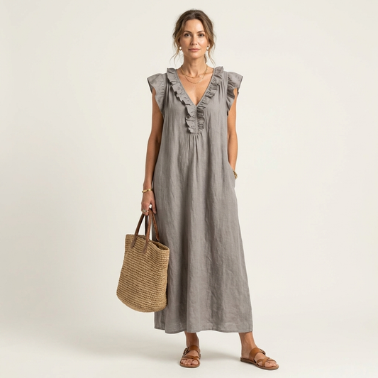 ARWEN | Maxikleid mit Rüschen und V-Ausschnitt