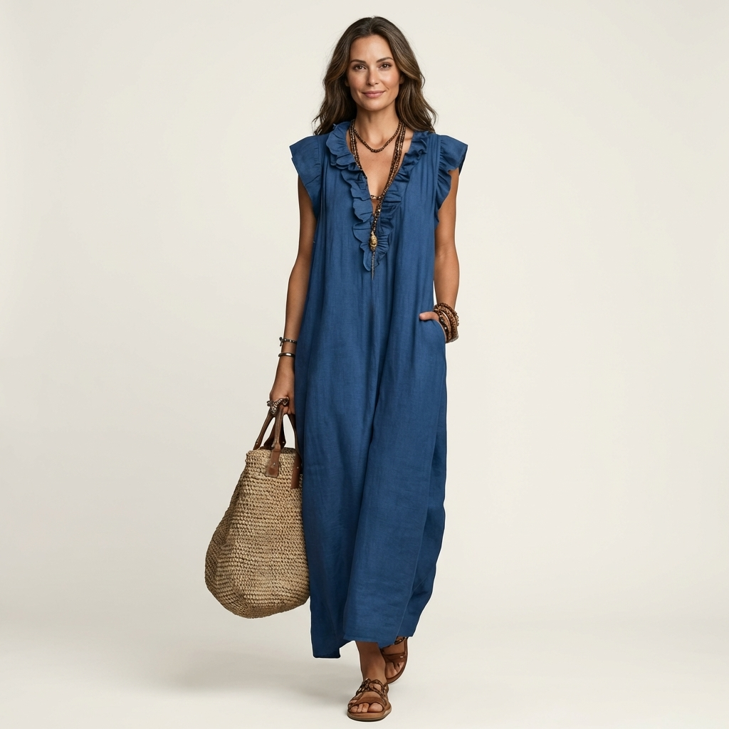 ARWEN | Maxikleid mit Rüschen und V-Ausschnitt