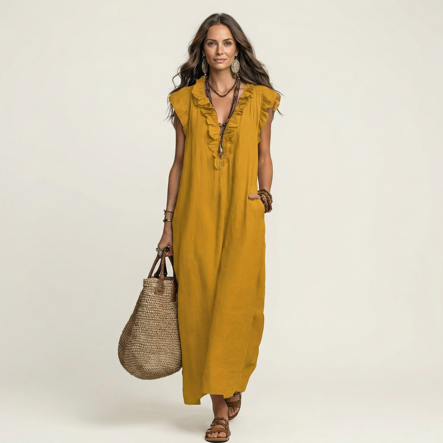 ARWEN | Maxikleid mit Rüschen und V-Ausschnitt