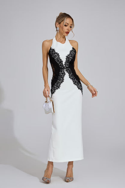 YLVA | Maxikleid mit Halterneck und Kontrastspitze