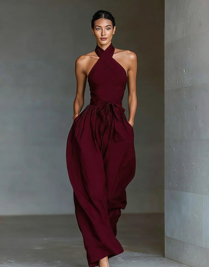TIALDA | Jumpsuit mit Cross-Halter-Ausschnitt und weitem Bein