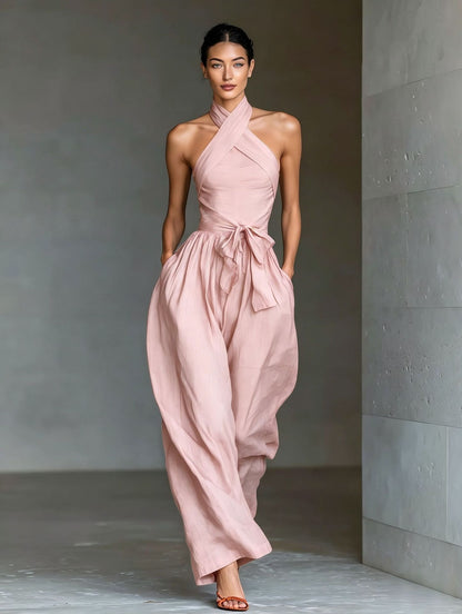 TIALDA | Jumpsuit mit Cross-Halter-Ausschnitt und weitem Bein