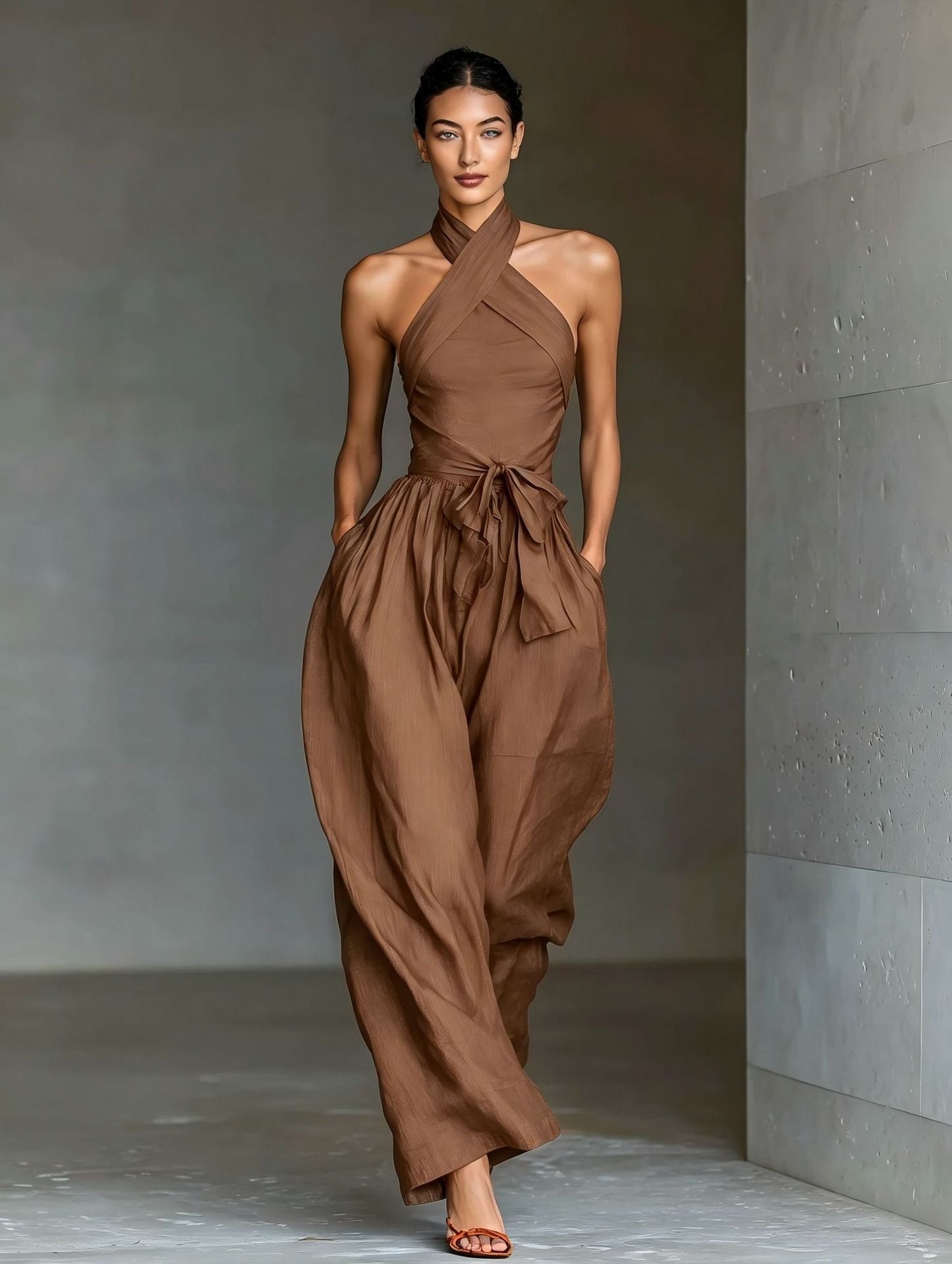 TIALDA | Jumpsuit mit Cross-Halter-Ausschnitt und weitem Bein