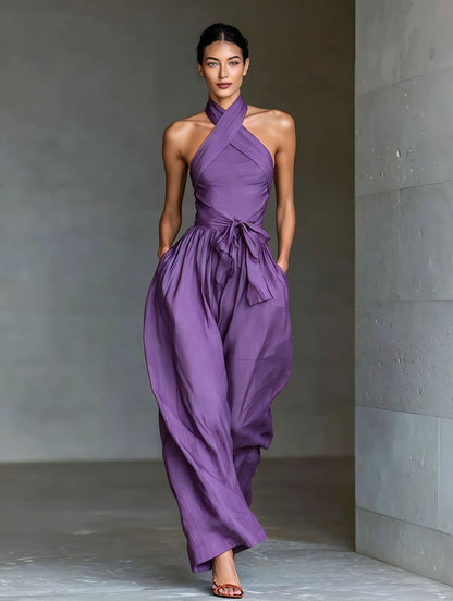 TIALDA | Jumpsuit mit Cross-Halter-Ausschnitt und weitem Bein