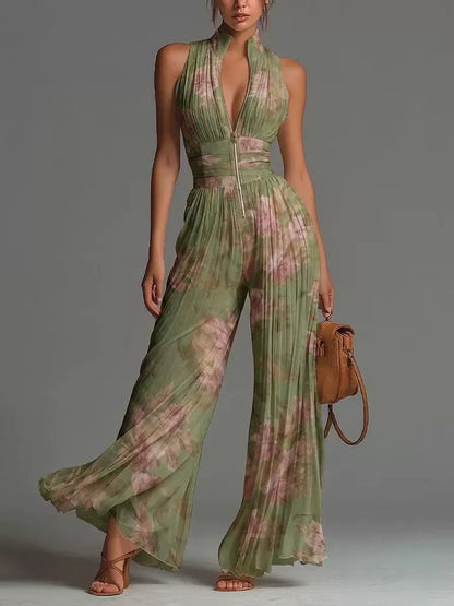 ZARIKA | Plissierter Neckholder-Jumpsuit mit Weitem Bein