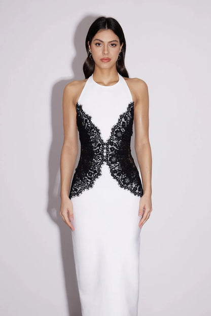 YLVA | Maxikleid mit Halterneck und Kontrastspitze
