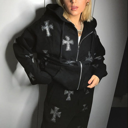EMMA | Schickes Strass-Reißverschluss-Hoodie-Set