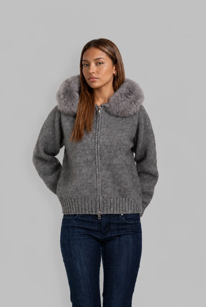ADELE | Strickjacke mit Reißverschluss und Fellkapuze